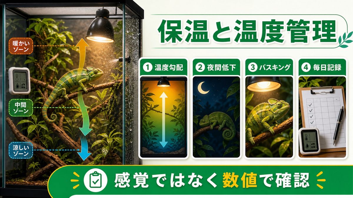 保温・温度管理の問題を確認しようの要点をまとめたカメレオン・爬虫類飼育インフォグラフィック
