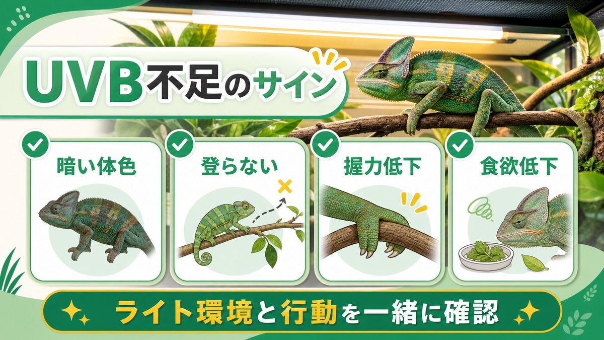 UVBが足りていないときのサインとはの要点をまとめたカメレオン・爬虫類飼育インフォグラフィック