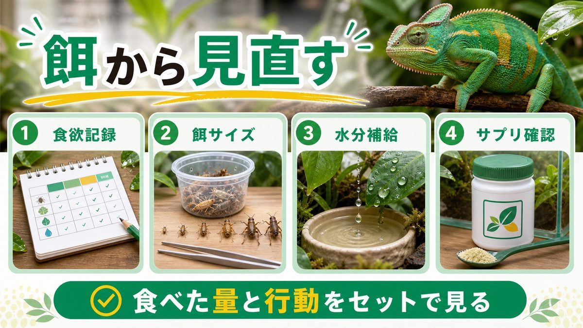 食欲と活動性の関係〜餌から見直すの要点をまとめたカメレオン・爬虫類飼育インフォグラフィック