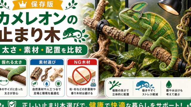 【選び方ガイド】カメレオン用止まり木おすすめ徹底比較！コルク・人工ツタ・流木の要点を伝えるカメレオン・爬虫類記事アイキャッチ画像