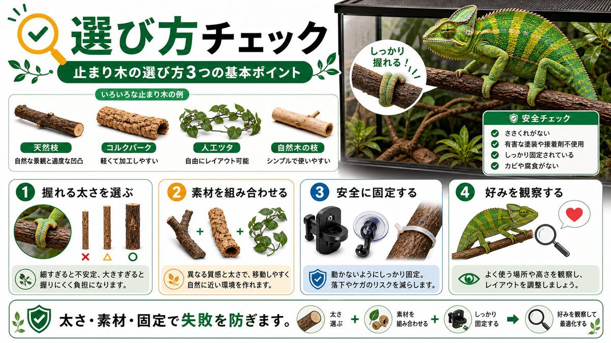 止まり木の選び方3つの基本ポイントの要点をまとめたカメレオン・爬虫類飼育インフォグラフィック
