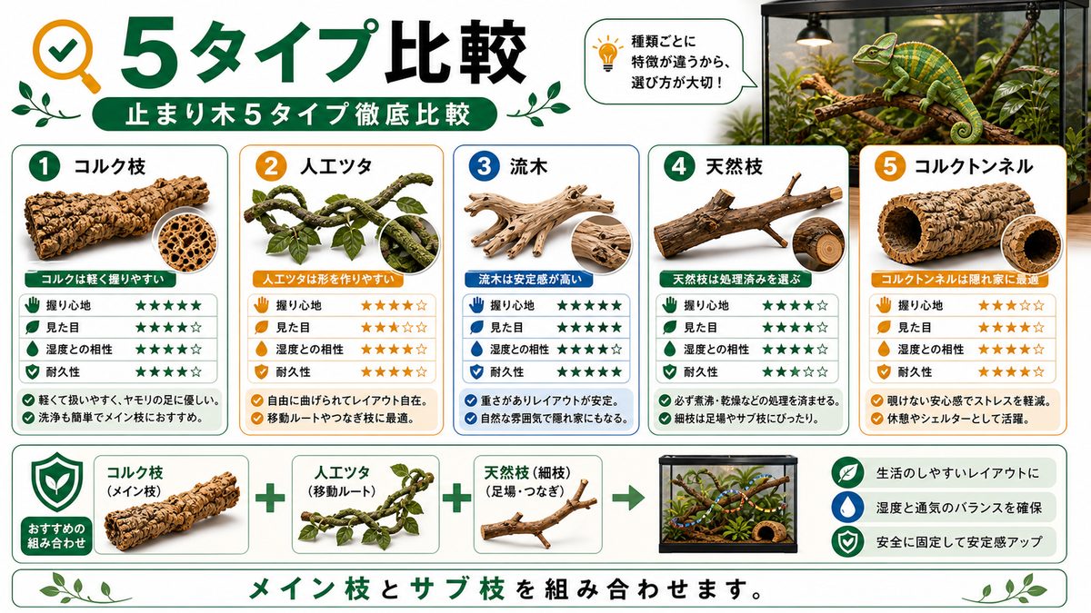 止まり木5タイプ徹底比較の要点をまとめたカメレオン・爬虫類飼育インフォグラフィック