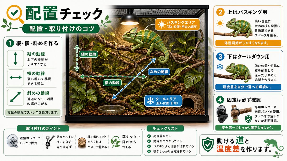 配置・取り付けのコツの要点をまとめたカメレオン・爬虫類飼育インフォグラフィック