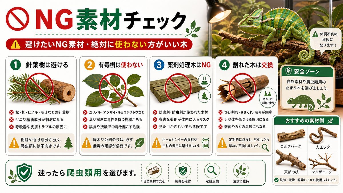 避けたいNG素材・絶対に使わない方がいい木の要点をまとめたカメレオン・爬虫類飼育インフォグラフィック