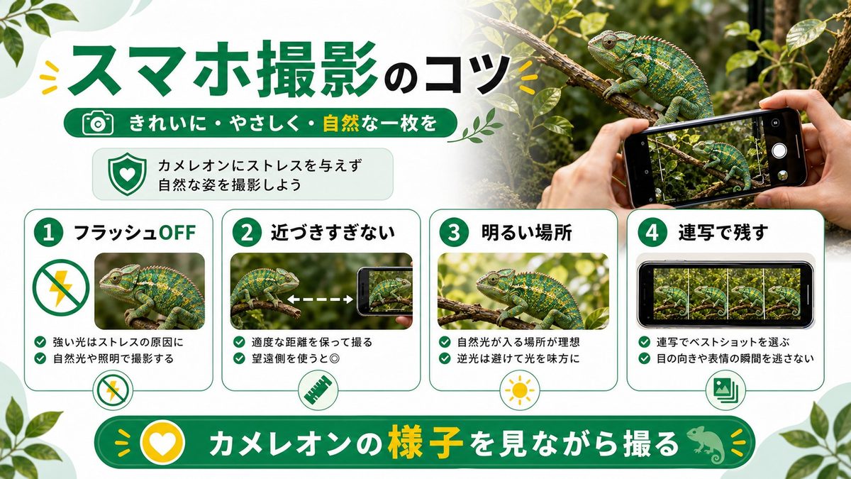 スマートフォン撮影のコツ：身近な機材で最大限に撮るの要点をまとめたカメレオン・爬虫類飼育インフォグラフィック