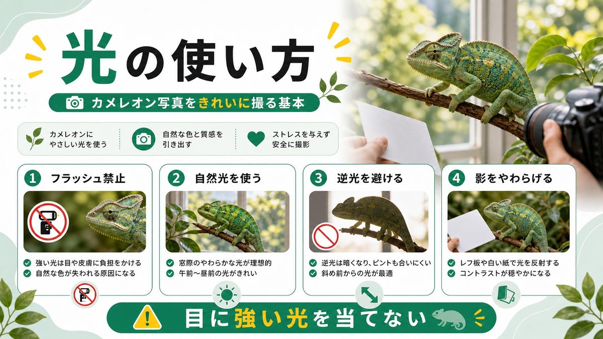 照明・ライティング：色を鮮やかに引き出すための光の使い方の要点をまとめたカメレオン・爬虫類飼育インフォグラフィック