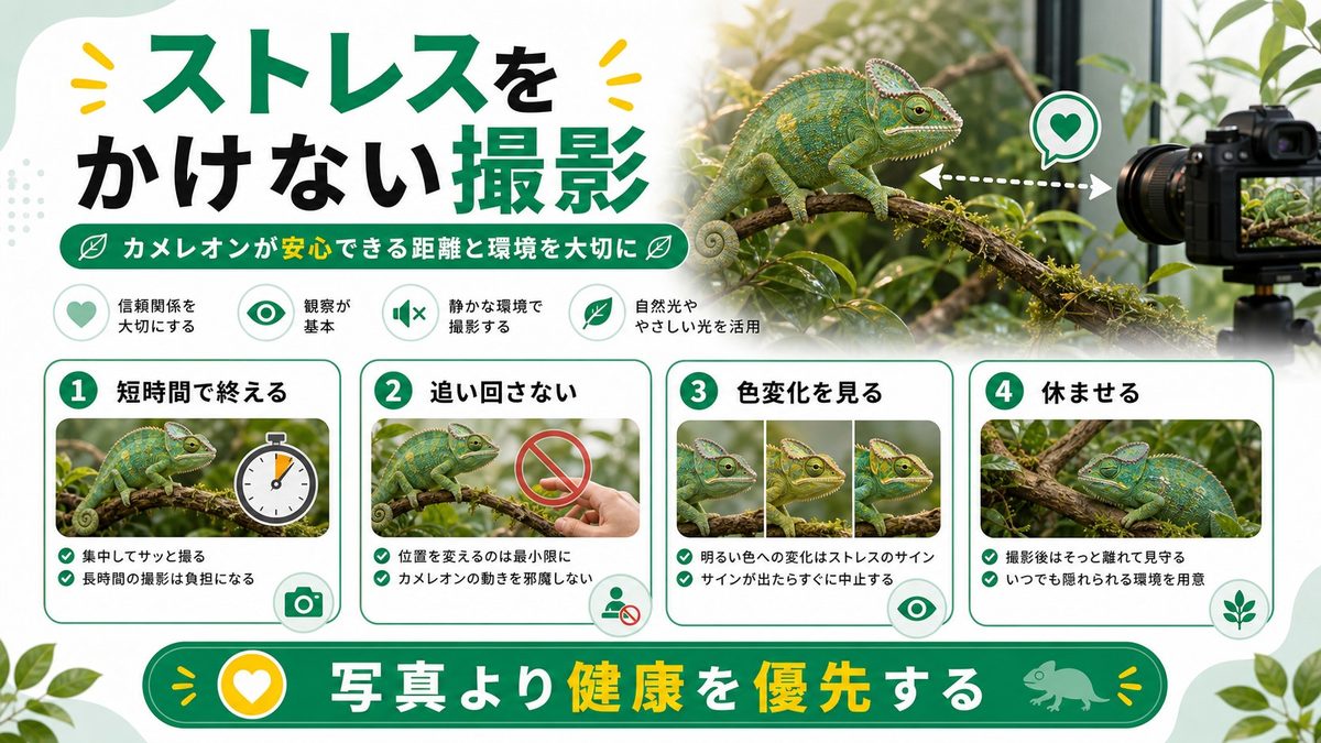 ストレスをかけない撮影の心得の要点をまとめたカメレオン・爬虫類飼育インフォグラフィック