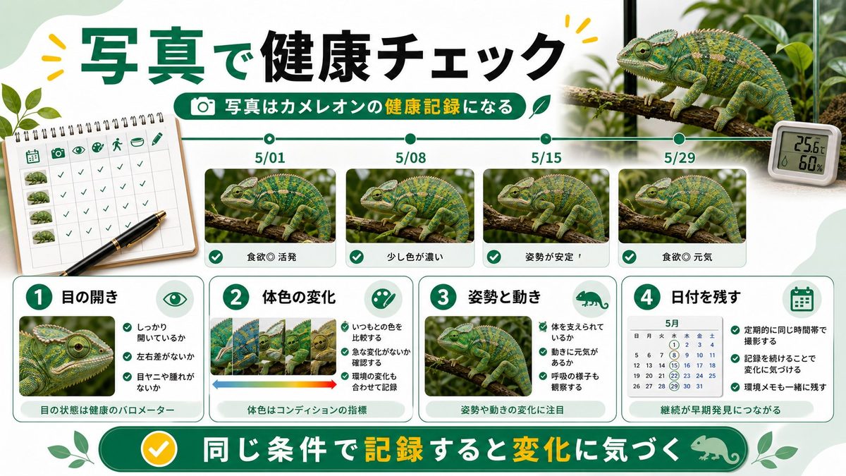 写真から健康チェック：観察の目を鍛えるの要点をまとめたカメレオン・爬虫類飼育インフォグラフィック