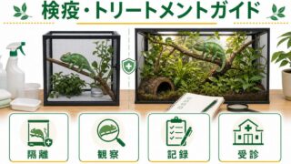 カメレオン・爬虫類の検疫完全ガイド！新個体お迎え後のトリートメント期間・健康チェック・環境慣らしを徹底解説の要点を伝えるカメレオン・爬虫類記事アイキャッチ画像