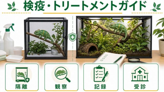 カメレオン・爬虫類の検疫完全ガイド！新個体お迎え後のトリートメント期間・健康チェック・環境慣らしを徹底解説の要点を伝えるカメレオン・爬虫類記事アイキャッチ画像