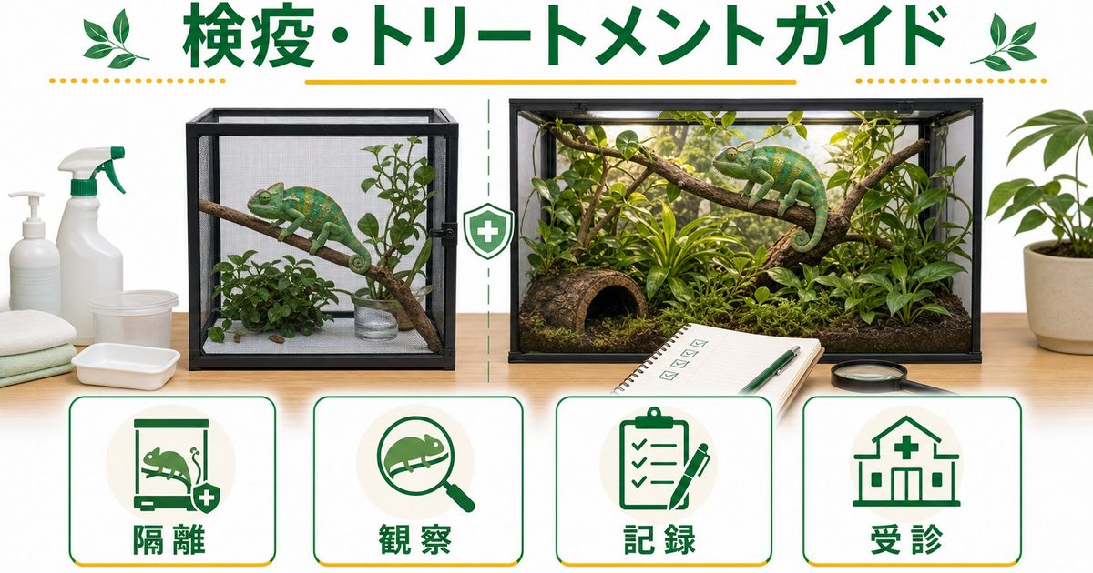 カメレオン・爬虫類の検疫完全ガイド！新個体お迎え後のトリートメント期間・健康チェック・環境慣らしを徹底解説の要点を伝えるカメレオン・爬虫類記事アイキャッチ画像