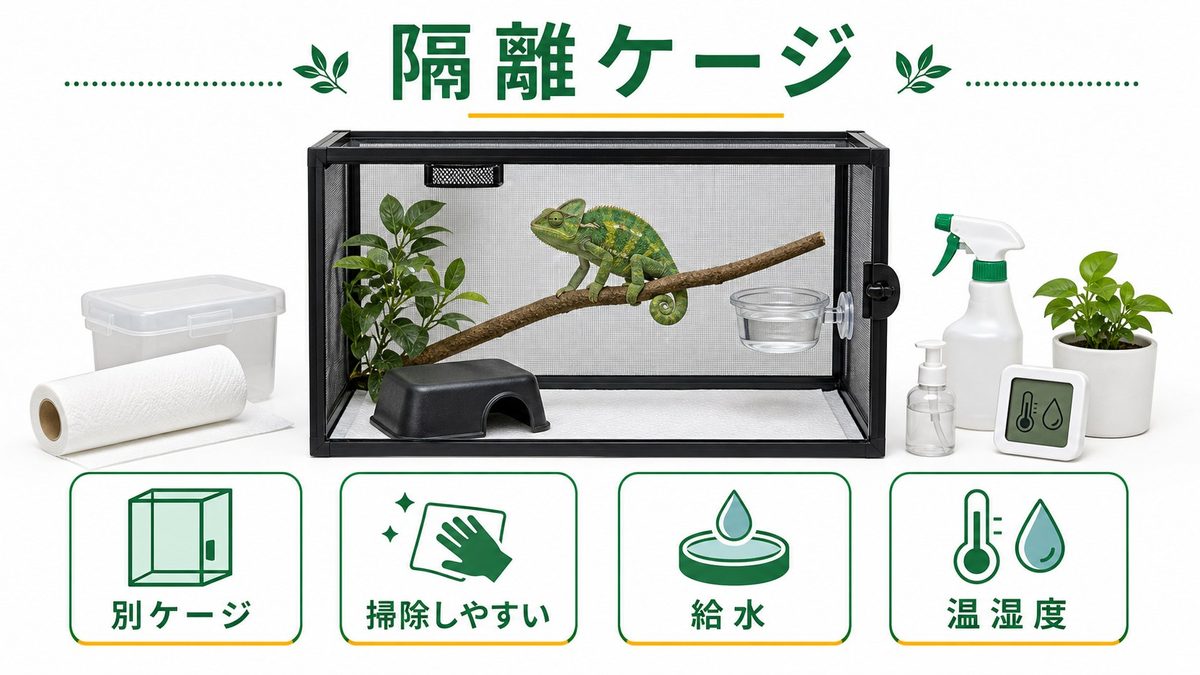 隔離ケージの準備——何を用意すればいい？の要点をまとめたカメレオン・爬虫類飼育インフォグラフィック
