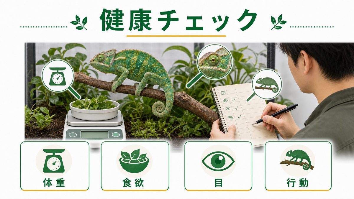 健康チェックの方法——体重管理と症状の見極めの要点をまとめたカメレオン・爬虫類飼育インフォグラフィック