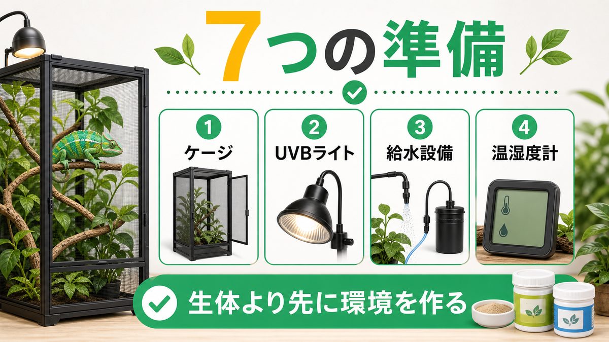 カメレオン飼育に必要な7つのもの（チェックリスト）の要点をまとめたカメレオン・爬虫類飼育インフォグラフィック