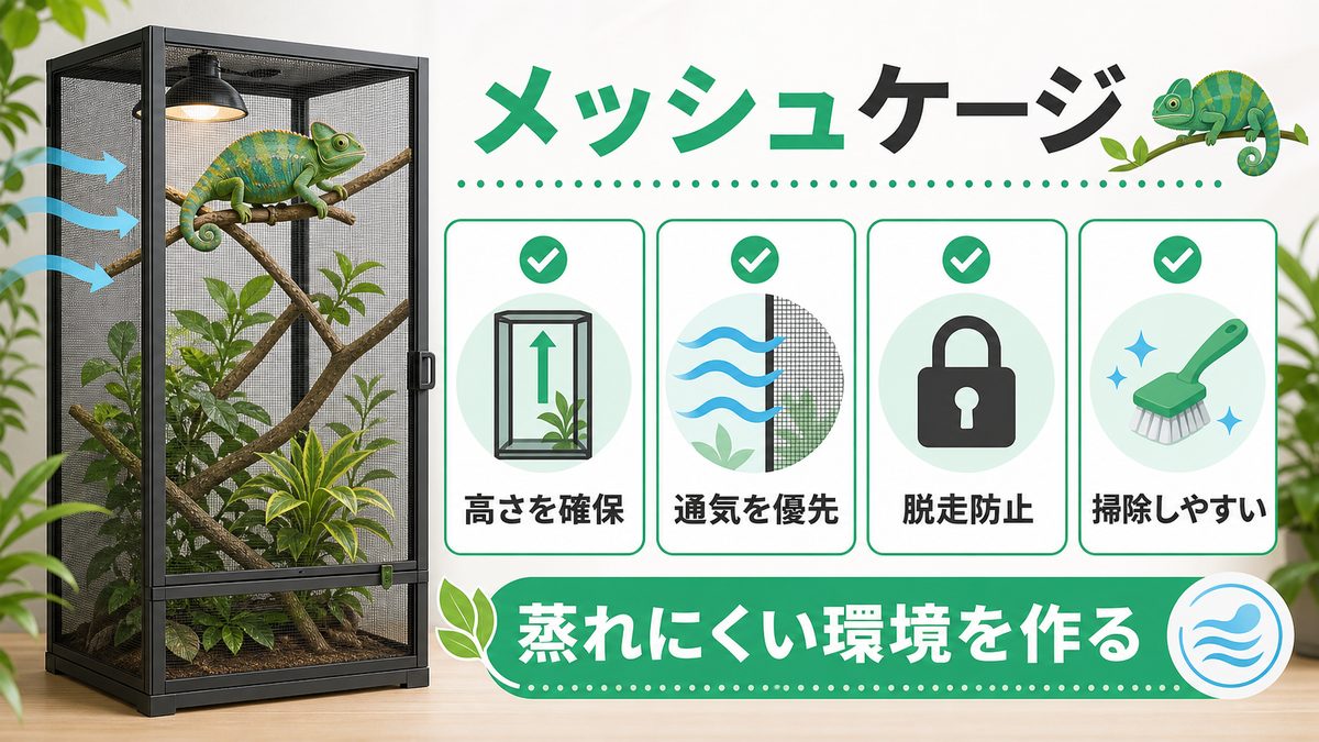 ケージ（メッシュ縦型）の選び方の要点をまとめたカメレオン・爬虫類飼育インフォグラフィック