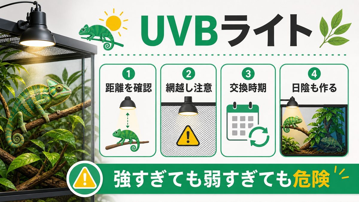 UVBライトの選び方の要点をまとめたカメレオン・爬虫類飼育インフォグラフィック