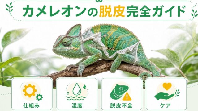 カメレオンの脱皮完全ガイド！脱皮不全の原因・症状・応急処置・正しい湿度管理を徹底解説の要点を伝えるカメレオン・爬虫類記事アイキャッチ画像