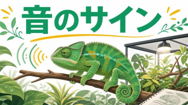 カメレオンは鳴くの？シューシュー音・威嚇音・鼻孔音の意味と対処法を徹底解説！の要点を伝えるカメレオン・爬虫類記事アイキャッチ画像