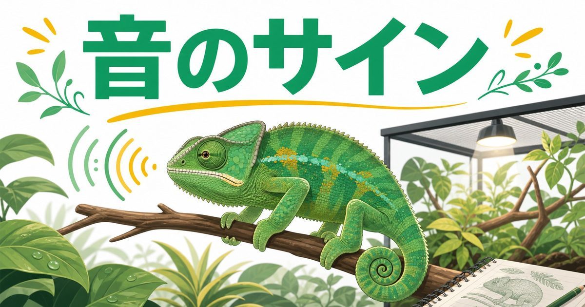 カメレオンは鳴くの？シューシュー音・威嚇音・鼻孔音の意味と対処法を徹底解説！の要点を伝えるカメレオン・爬虫類記事アイキャッチ画像