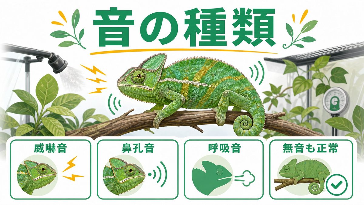 カメレオンは鳴くの？出す音の種類一覧の要点をまとめたカメレオン・爬虫類飼育インフォグラフィック