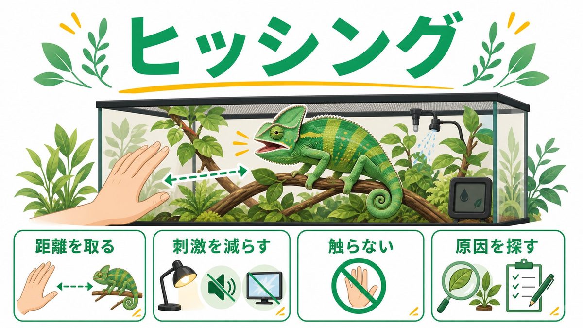シューシュー音（ヒッシング）の意味と対処法の要点をまとめたカメレオン・爬虫類飼育インフォグラフィック