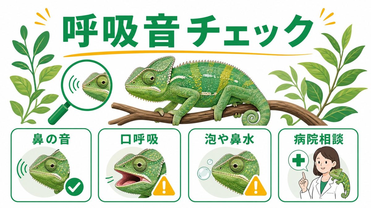 鼻孔音・呼吸音は病気のサインかもしれないの要点をまとめたカメレオン・爬虫類飼育インフォグラフィック