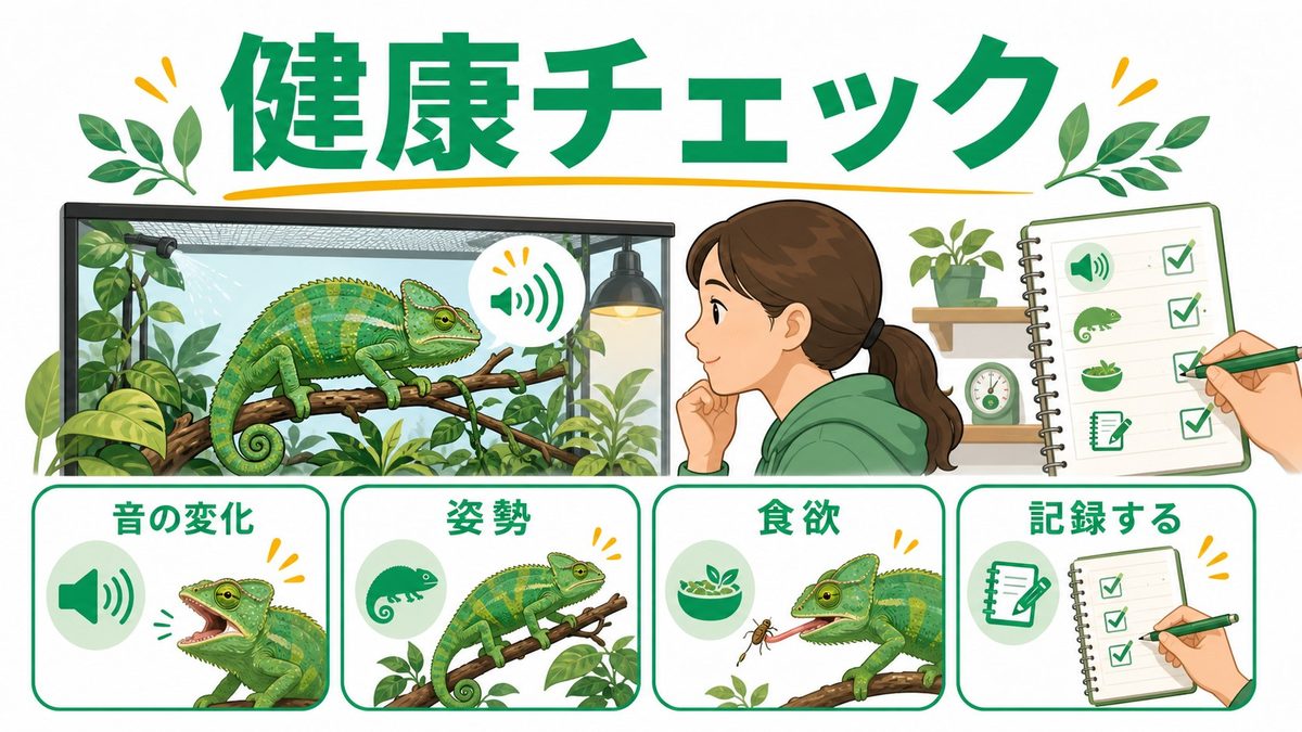 音でわかる健康チェックの方法の要点をまとめたカメレオン・爬虫類飼育インフォグラフィック