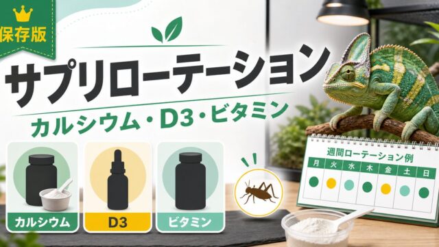 カメレオンのサプリメントローテーション完全ガイド！カルシウム・D3・マルチビタミンの頻度・量・組み合わせを徹底解説の要点を伝えるカメレオン・爬虫類記事アイキャッチ画像