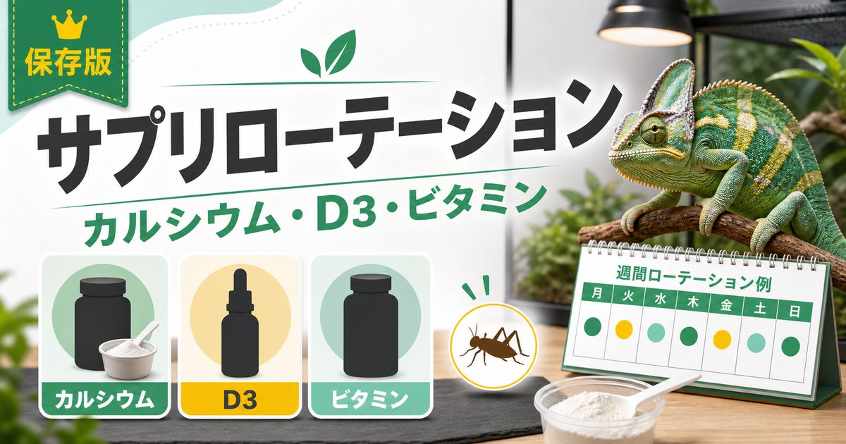 カメレオンのサプリメントローテーション完全ガイド！カルシウム・D3・マルチビタミンの頻度・量・組み合わせを徹底解説の要点を伝えるカメレオン・爬虫類記事アイキャッチ画像