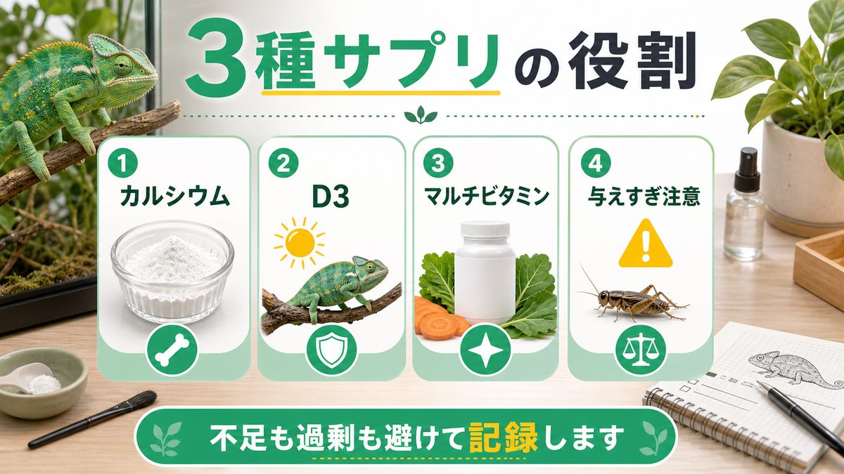 🧪 カメレオンに必要な3種サプリ — 役割と特徴の比較の要点をまとめたカメレオン・爬虫類飼育インフォグラフィック