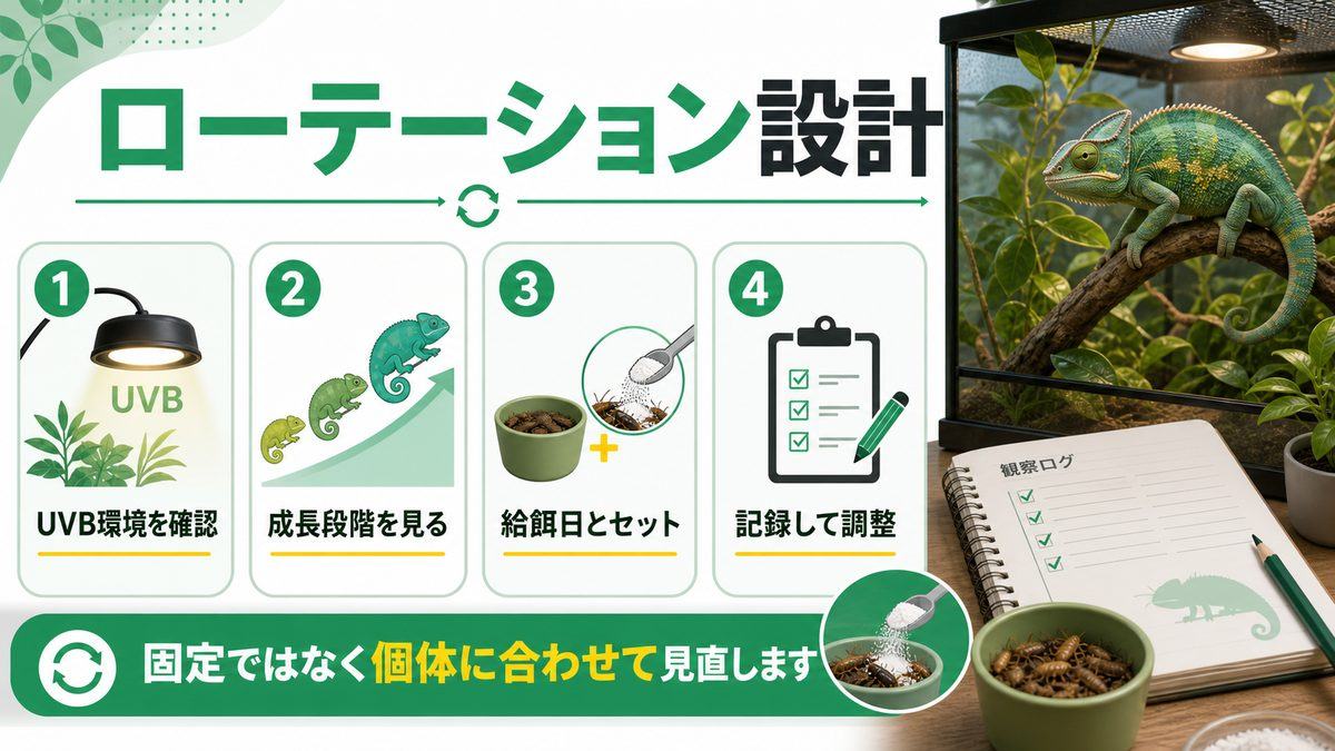 📅 実践!サプリローテーションスケジュール(UVBあり・なし別)の要点をまとめたカメレオン・爬虫類飼育インフォグラフィック