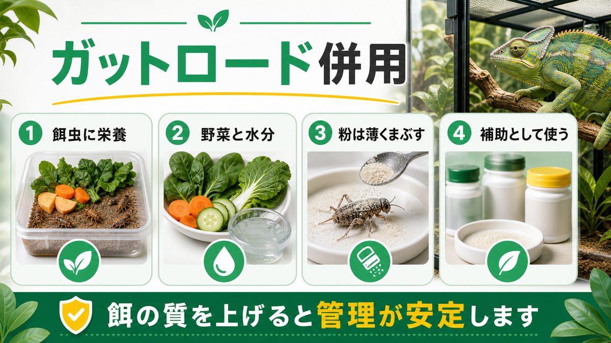 🦗 ガットロードとサプリの相乗効果 — 上手に組み合わせれば頻度を減らせる!の要点をまとめたカメレオン・爬虫類飼育インフォグラフィック