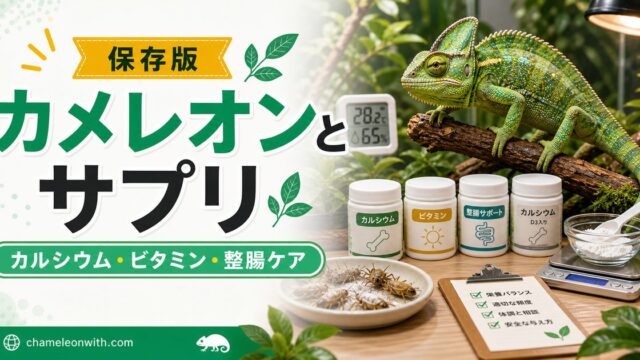 【カメレオンとサプリメント】本当に必要？サプリの特徴や与え方、カルシウム・ビタミン・整腸剤それぞれ商品をご紹介！の要点を伝えるカメレオン・爬虫類記事アイキャッチ画像