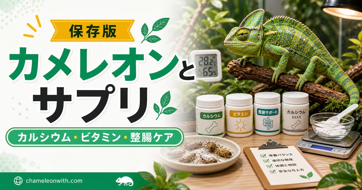 【カメレオンとサプリメント】本当に必要？サプリの特徴や与え方、カルシウム・ビタミン・整腸剤それぞれ商品をご紹介！の要点を伝えるカメレオン・爬虫類記事アイキャッチ画像