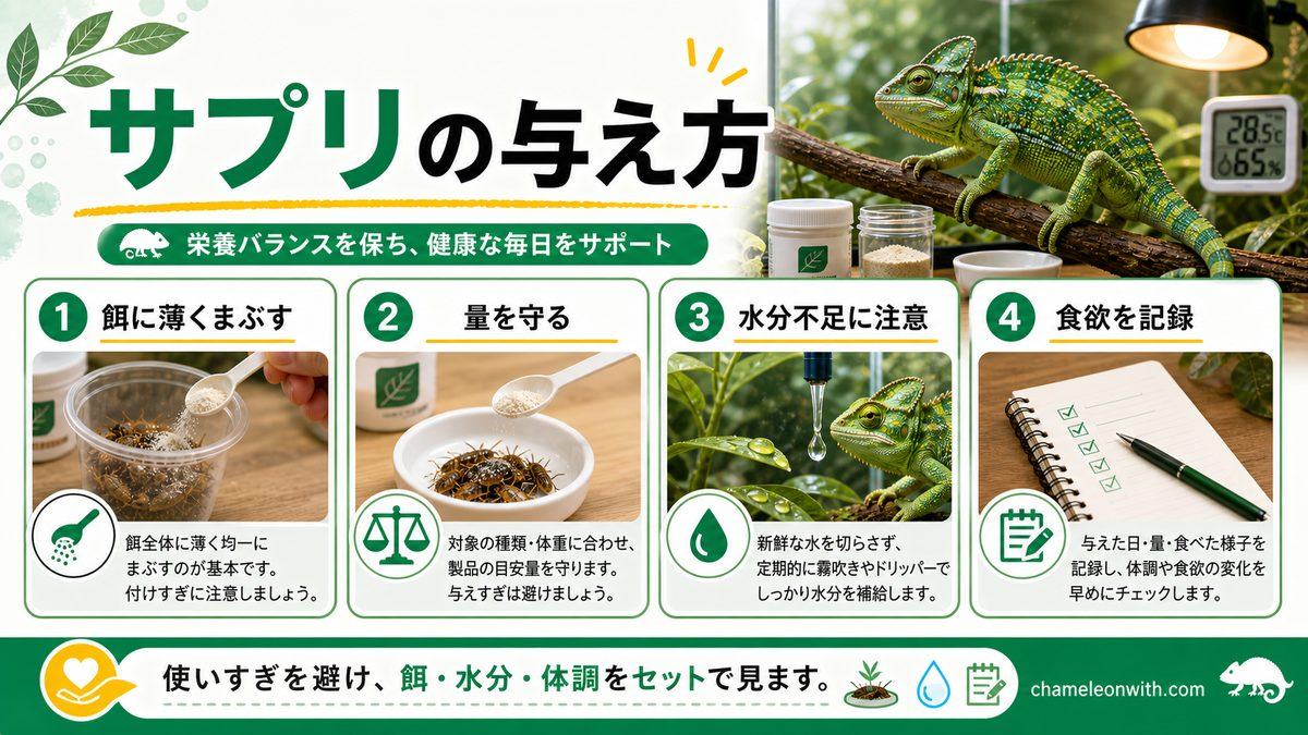 どうやって摂取させる？サプリメントの与え方について！の要点をまとめたカメレオン・爬虫類飼育インフォグラフィック