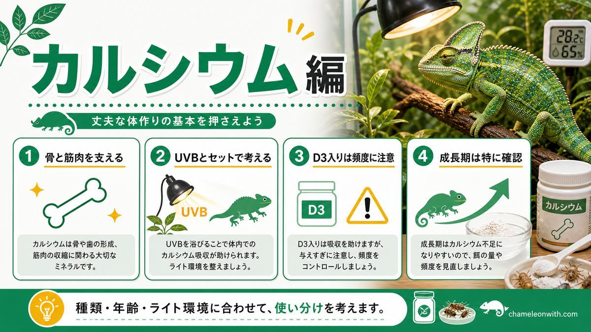 どんなのがある？サプリメントのご紹介！〜カルシウム編〜の要点をまとめたカメレオン・爬虫類飼育インフォグラフィック