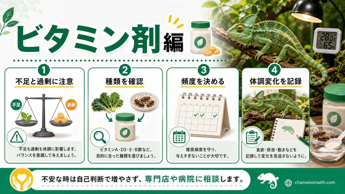 どんなのがある？サプリメント！〜ビタミン剤編〜の要点をまとめたカメレオン・爬虫類飼育インフォグラフィック