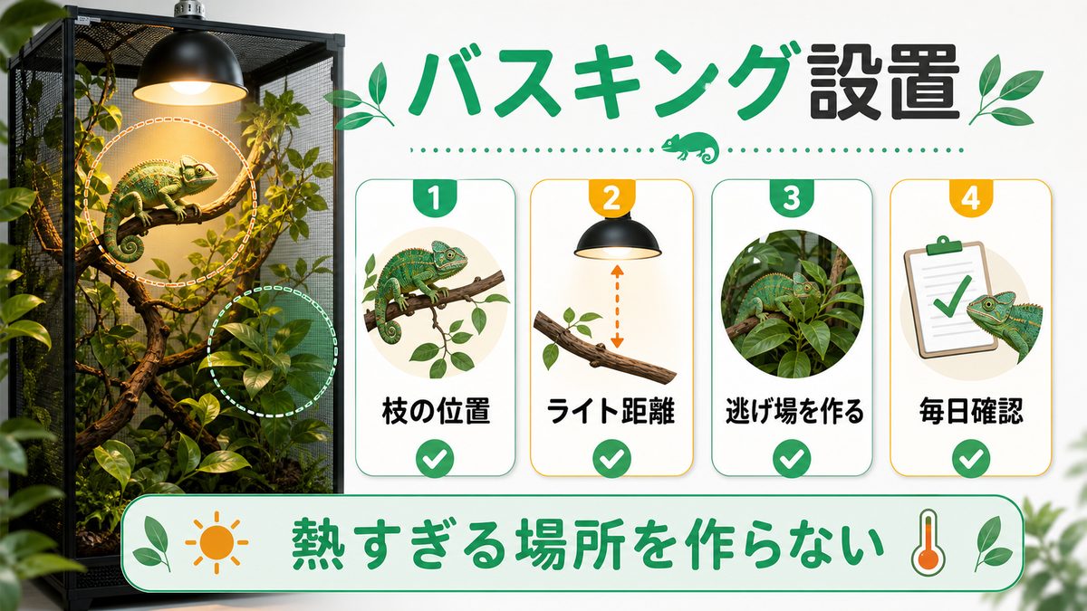 💡 バスキングスポットの設置方法（ライト角度・高さ・台の配置）の要点をまとめたカメレオン・爬虫類飼育インフォグラフィック