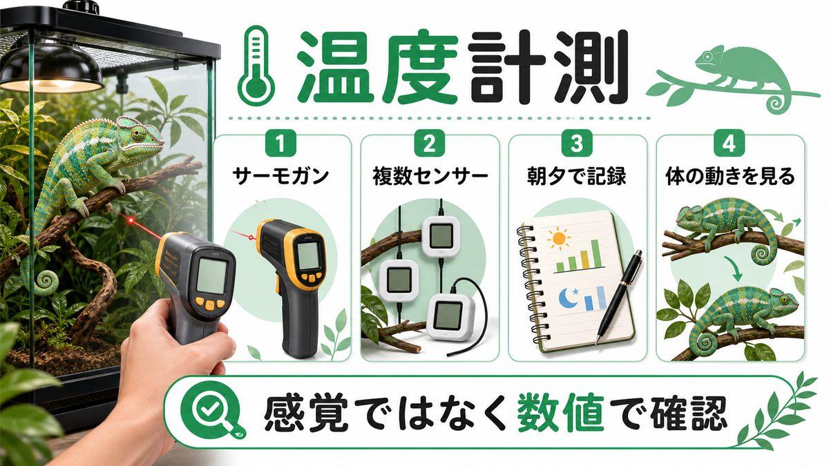 🌡️ 温度計測と確認方法（非接触温度計・複数センサー設置）の要点をまとめたカメレオン・爬虫類飼育インフォグラフィック