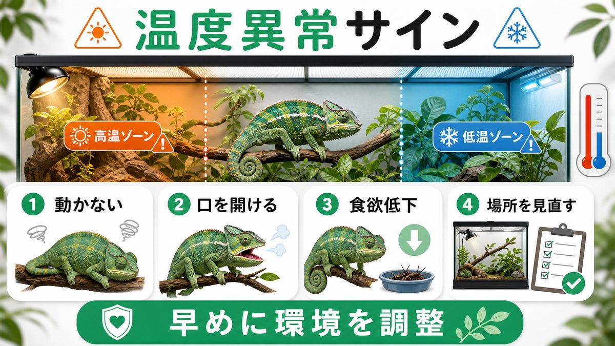⚠️ 温度勾配不足・過剰の症状と対策の要点をまとめたカメレオン・爬虫類飼育インフォグラフィック