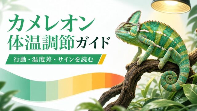 カメレオンの体温調節行動完全ガイド！バスキング・温度勾配の活用・日中の体温変化を徹底解説の要点を伝えるカメレオン・爬虫類記事アイキャッチ画像