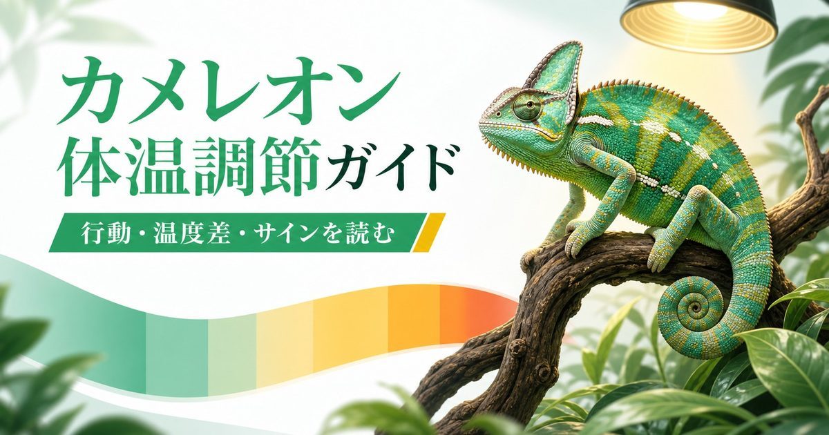 カメレオンの体温調節行動完全ガイド！バスキング・温度勾配の活用・日中の体温変化を徹底解説の要点を伝えるカメレオン・爬虫類記事アイキャッチ画像