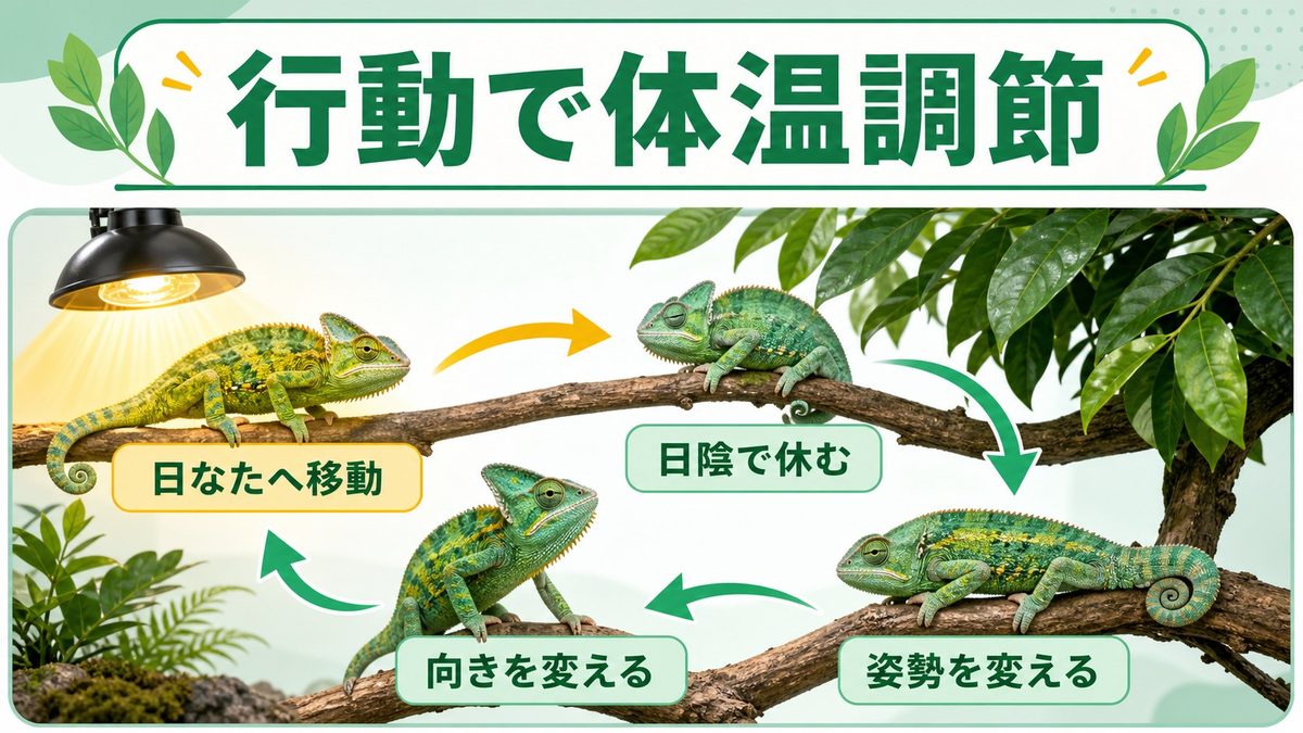 カメレオンの体温調節は「行動」で行うの要点をまとめたカメレオン・爬虫類飼育インフォグラフィック