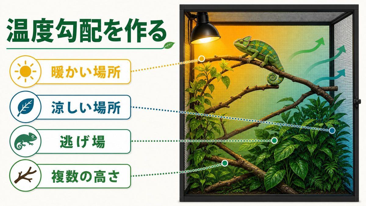 ケージ内の温度勾配(テンプグラデーション)を作るの要点をまとめたカメレオン・爬虫類飼育インフォグラフィック