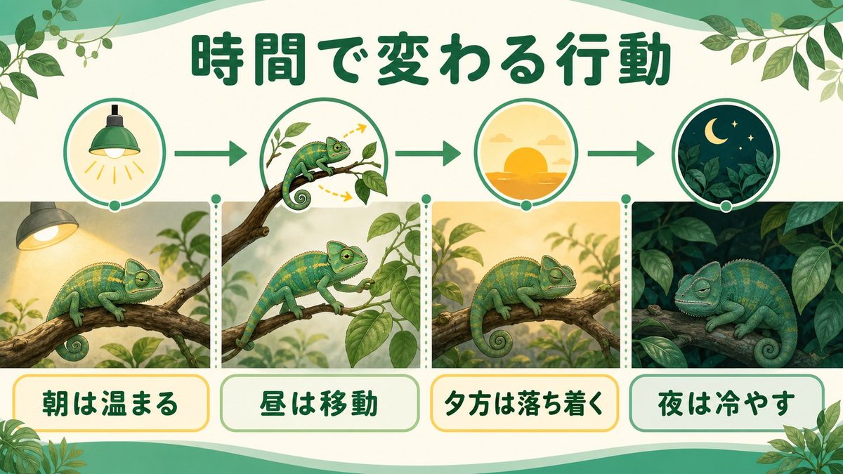 朝・昼・夕・夜で変わる体温と行動パターンの要点をまとめたカメレオン・爬虫類飼育インフォグラフィック