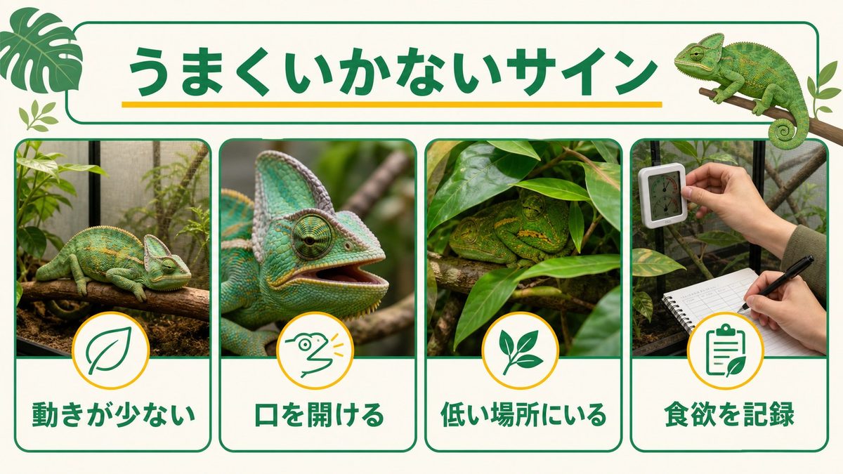 体温調節がうまくいかないときのサインの要点をまとめたカメレオン・爬虫類飼育インフォグラフィック