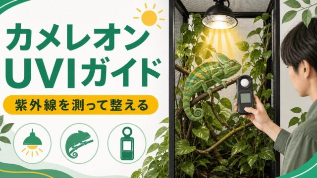 カメレオンのUVI（紫外線指数）完全ガイド！UVIメーターの使い方・適正値・ライト選び・健康への影響を徹底解説の要点を伝えるカメレオン・爬虫類記事アイキャッチ画像