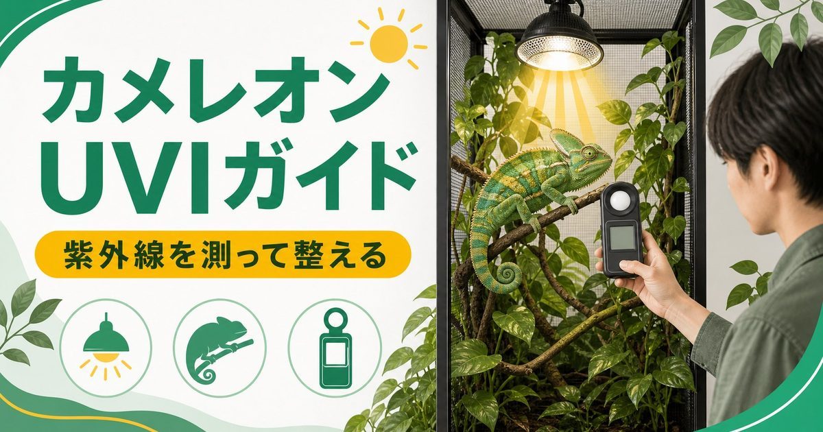 カメレオンのUVI（紫外線指数）完全ガイド！UVIメーターの使い方・適正値・ライト選び・健康への影響を徹底解説の要点を伝えるカメレオン・爬虫類記事アイキャッチ画像