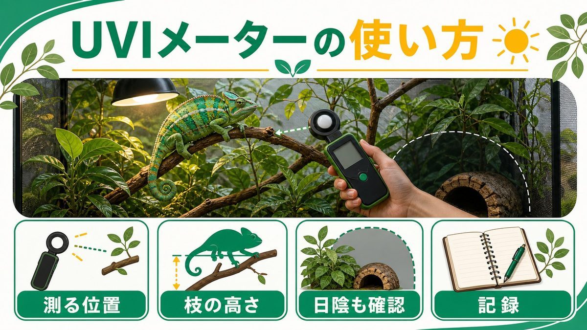🔬 UVIメーターの使い方の要点をまとめたカメレオン・爬虫類飼育インフォグラフィック