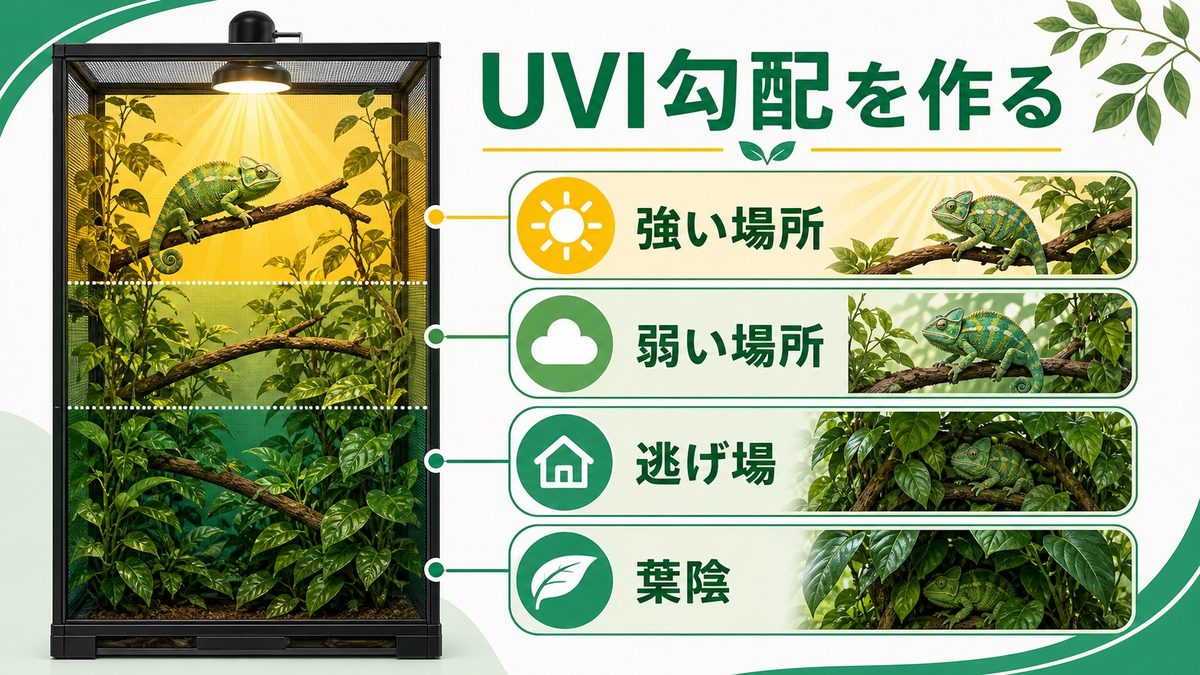 🏡 ケージ内UVI勾配の作り方の要点をまとめたカメレオン・爬虫類飼育インフォグラフィック